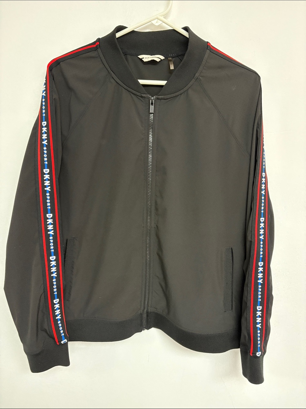 DKNY Sport Women’s Large Black Full Zip Bomber Track Jacket Logo Tape